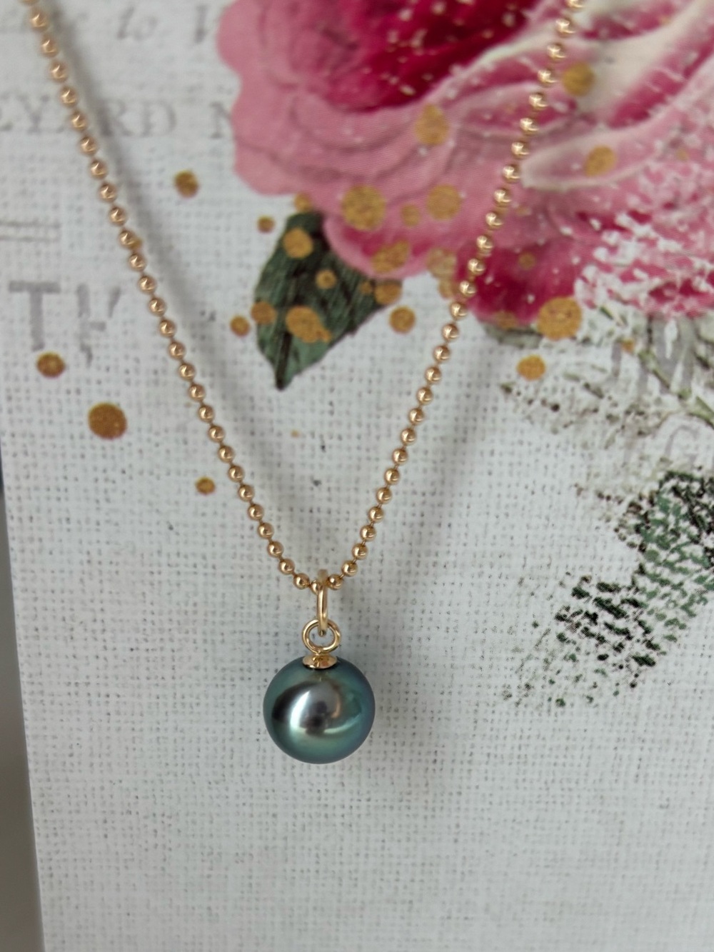 14k 16” 1.2mm Yellow Gold Bead Necklace with Genuine 8.5mm Tahitian Pearl